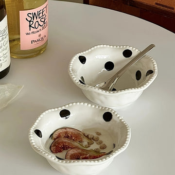 Chic Black & White Polka Dot Ceramic Bowl - 13.53oz, Wavy Edge Design for Oatmeal, Ice Cream | Microwave Safe, Perfect for Home Kitchens, Dessert Shops, and Dorm Decor, Ins Style, Dessert Bowl, Ceramic, Wavy Edge